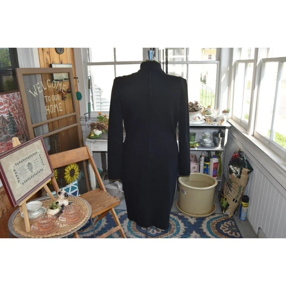 Vtg 70s Wool Dress Gold Sequin Bow, Black, Warren Knits Marisa Christina, Medium